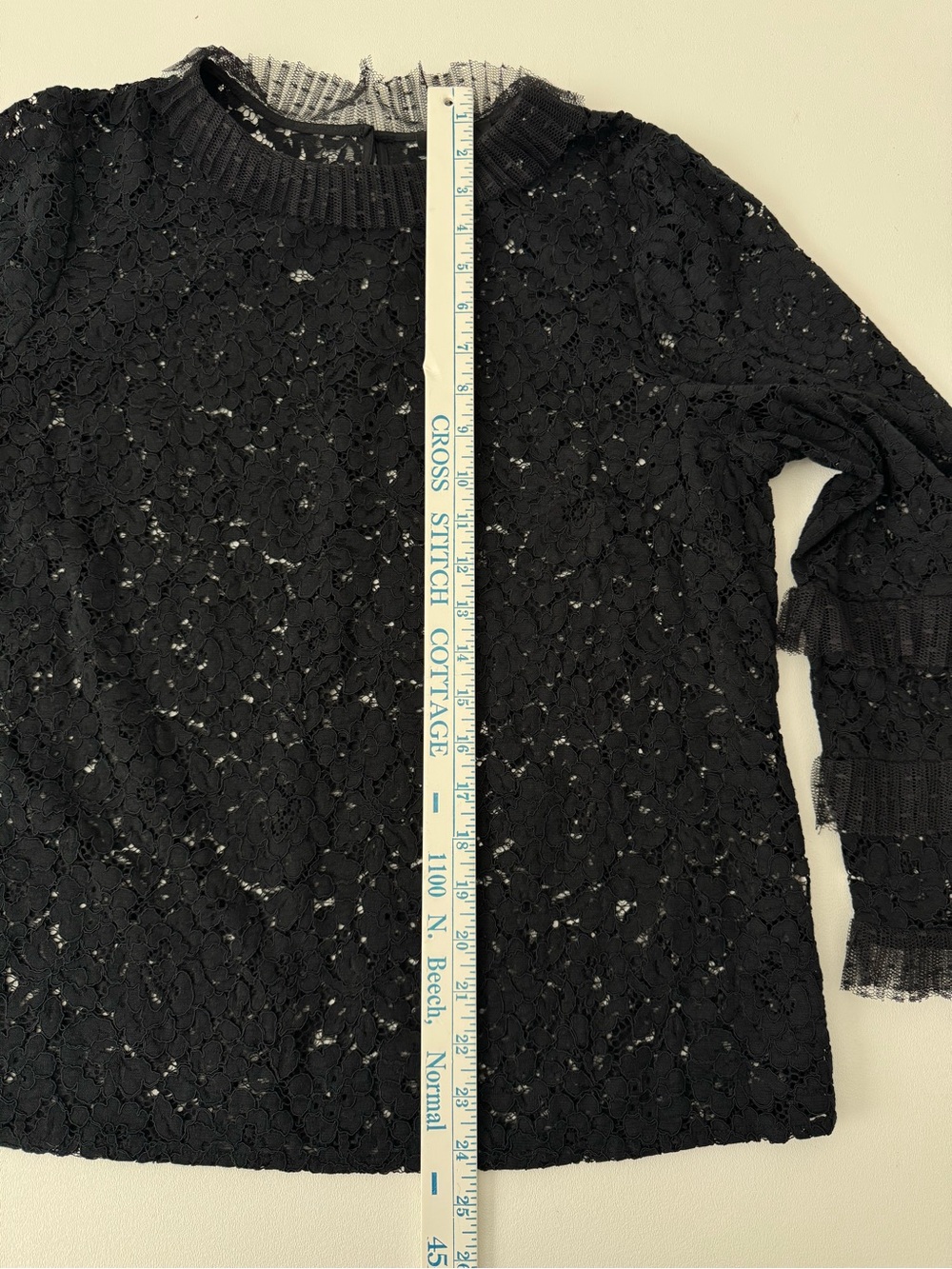 J.Crew Black Lace Blouse Sheer Floral Top Mesh Goth Boho Bell Sleeve Prom event - Picture 7 of 9